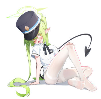 1girl absurdres black_tail blue_archive blush demon_tail fang green_hair green_halo halo hat highres loli long_hair nozomi_(blue_archive) open_mouth pantyhose peaked_cap pointy_ears simple_background sitting skin_fang solo tail very_long_hair white_background white_pantyhose whonyang