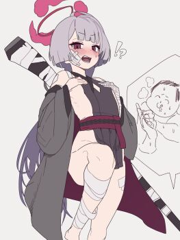 !? 1boy 1girl absurdres bandaged_arm bandaged_hand bandaged_leg bandages bandaid bandaid_on_cheek bandaid_on_face bandaid_on_shoulder bandaid_on_thigh blue_archive blush clothing_cutout coat commentary_request diamond_cutout doodle_sensei_(blue_archive) fangs flat_chest gauze gauze_on_cheek grey_background grey_coat grey_hair gun gun_on_back gya_rb halo highres japanese_clothes loli long_hair long_sleeves looking_at_viewer off_shoulder open_clothes open_coat open_mouth purple_eyes red_halo sensei_(blue_archive) shuro_(blue_archive) sideless_dress sideless_outfit simple_background solo_focus sweat teeth very_long_hair weapon weapon_on_back