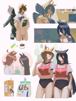 2girls absurdres agnes_tachyon_(umamusume) animal_ears black_buruma black_coat black_hair black_shirt black_skirt brown_hair buruma carton chair chemical_structure coat coffee_pot collared_coat couch cowboy_shot earrings hair_between_eyes hand_in_pocket hand_up highres holding holding_coffee_pot holding_unworn_clothes horse_ears horse_girl indoors jewelry lab_coat light_frown long_bangs long_hair long_hair_between_eyes long_sleeves looking_at_another looking_at_viewer manhattan_cafe_(umamusume) medium_hair monitor mujintou_png multicolored_hair multiple_girls necktie off_shoulder office_chair on_chair open_clothes open_coat plate pleated_skirt purple_shirt race_bib sailor_collar sailor_shirt school_uniform shirt short_sleeves simple_background single_earring skirt sleeveless sleeveless_shirt smile speech_bubble steam swivel_chair test_tube thighs tracen_school_uniform umamusume very_long_hair white_background white_coat white_hair white_sailor_collar white_shirt white_skirt wolf_cut yellow_necktie