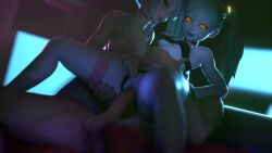 1boy 2girls 3d animated bisexual_female black_bra black_choker black_panties bra breasts choker clothing_aside colored_sclera colored_skin completely_nude cowboy_shot cyberpunk_(series) cyberpunk:_edgerunners cyborg eye_contact feet_out_of_frame ffm_threesome fingering from_below girl_on_top green_eyes green_hair grey_skin group_sex highres indoors large_breasts long_hair looking_at_another looking_down looking_to_the_side looping_animation lucy_(cyberpunk) multiple_girls nipples nude open_mouth panties panties_aside penis petite purple_lips pussy rebecca_(cyberpunk) red_sclera rouge_nine sex sex_from_behind short_hair sitting sitting_on_person small_breasts spread_legs standing tagme threesome twintails uncensored underwear vaginal video white_hair
