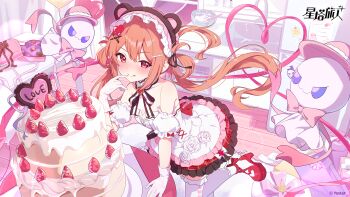 Rule 34 | 1girl, bare shoulders, breasts, cake, chinese commentary, closed mouth, commentary request, detached sleeves, dress, dress flower, floating hair, flower, food, fruit, gloves, high heels, highres, kirizuki reika, long hair, mistique (cocoa night sweetheart) (stella sora), mistique (stella sora), official alternate costume, official art, orange hair, red eyes, red shoes, second-party source, shoes, short sleeves, small breasts, smile, standing, standing on one leg, stella sora, strawberry, thighhighs, tongue, tongue out, white dress, white flower, white gloves, white thighhighs