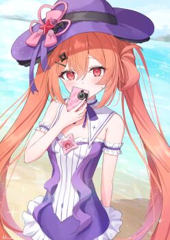 1girl armpit_crease beach breasts camera commentary_request covered_navel covering_own_mouth cowboy_shot hair_between_eyes hair_ornament hat highres holding holding_camera long_hair looking_at_viewer mistique_(stella_sora) mistique_(swimsuit)_(stella_sora) mizuhi_kou ocean official_alternate_costume orange_hair purple_hat red_eyes small_breasts solo stella_sora twintails witch_hat