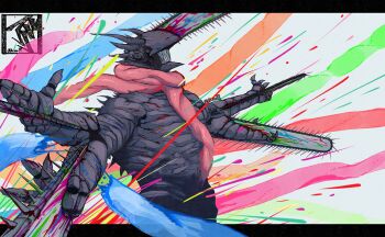 1boy absurdres artist_name blood chainsaw chainsaw_devil chainsaw_man colorful commentary extra_arms highres jjeanlll letterboxed making-of_available male_focus organs outside_border outstretched_arms red_scarf scarf sharp_teeth signature solo spread_arms teeth upper_body white_background