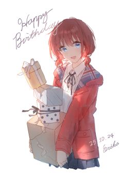 Rule 34 | 1girl, absurdres, black ribbon, blue eyes, blue skirt, blush, commentary request, dated, erika (user spth3377), gift, girls band cry, happy birthday, highres, iseri nina, jacket, low twintails, neck ribbon, open clothes, open jacket, open mouth, pleated skirt, red hair, red jacket, ribbon, shirt, short hair, short twintails, simple background, skirt, solo, twintails, white background, white shirt