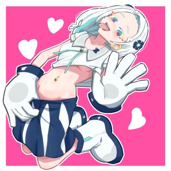 1girl aqua_eyes aqua_ribbon arched_back blue_skirt blush boots border breasts clothes_lift clothes_pull collarbone colored_eyelashes commentary_request cropped_shirt ear_piercing forehead full_body gloves groin haneuzu_miuneru highres kneeling long_hair looking_at_viewer midriff navel navel_piercing neck_ribbon nomark_1210 open_mouth piercing pink_background pleated_skirt ribbon ringed_eyes shirt shirt_lift short_sleeves skirt skirt_pull solo sweatdrop tongue tongue_out tongue_piercing underboob virtual_youtuber voms white_boots white_border white_gloves white_hair white_shirt