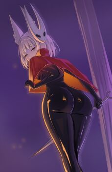 1girl absurdres animal_ears ass ass_focus bodysuit breasts capelet cat_ears cosplay facial_mark from_behind from_below gloves highres hollow_knight hollow_knight:_silksong hornet_(hollow_knight) hornet_(hollow_knight)_(cosplay) looking_at_viewer looking_down mask mask_on_head medium_breasts nia_(xenoblade) short_hair sideboob skin_tight solo succducc888 sword weapon white_hair xenoblade_chronicles_(series) xenoblade_chronicles_2