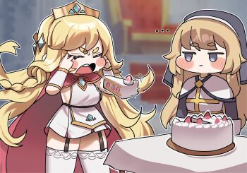 ... 2girls absurdres blonde_hair blurry blurry_background blush braid cake cake_slice cape chibi closed_eyes commentary_request curryman_(curryman06) erpin_(trickcal) food garter_straps gold_tiara highres jitome long_hair long_sleeves looking_to_the_side multiple_girls ner_(trickcal) no_nose open_mouth outline red_cape short_eyebrows standing strawberry_shortcake table thick_eyebrows thick_thighs thighhighs thighs trickcal white_outline white_thighhighs