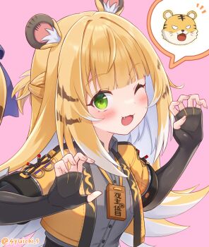 1girl animal_ear_fluff animal_ears blush bow claw_pose colored_inner_hair commentary_request fang green_eyes grey_shorts jacket ju_fufu looking_at_viewer multicolored_hair one_eye_closed open_mouth pink_background shorts shuuichi_(gothics) simple_background solo sparkling_eyes spoken_animal striped_fur striped_hair tail tail_bow tail_ornament tiger_ears tiger_girl tiger_stripes tiger_tail twitter_username upper_body yellow_jacket zenless_zone_zero