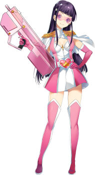 1girl black_hair boots breasts choukou_(alicesoft) choukou_taisen_escalation_heroines dress epaulettes gun hand_on_own_hip heart_belt_buckle highres holding holding_gun holding_weapon looking_at_viewer medium_breasts miwasaka_manami official_art pink_boots pink_dress smile solo thigh_boots weapon yoru_ga_kuru! yuunagi_(seventh_heaven)