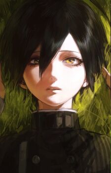 Rule 34 | 2boys, black hair, black jacket, commentary request, danganronpa (series), danganronpa v3: killing harmony, eyelashes, fingernails, gakuran, grass, highres, jacket, lying, male focus, multiple boys, oma kokichi, on back, out of frame, parted bangs, parted lips, portrait, saihara shuichi, school uniform, seapall, short hair, solo focus, teeth, yellow eyes