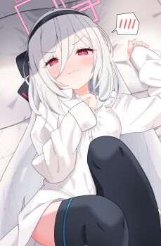 Rule 34 | absurdres, bed, bed sheet, blue archive, collared shirt, commentary request, furrowed brow, halo, highres, kei (blue archive), light blush, long hair, long sleeves, looking at viewer, masushi masashi, no pants, pink halo, red eyes, shirt, sweat, thighhighs, thighs, wavy mouth, white hair