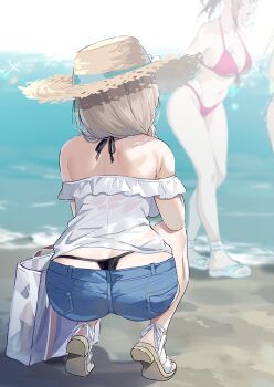 Rule 34 | 3girls, ass, back, bag, bare legs, bikini, black bikini, blue shorts, braid, breasts, brown hair, cleavage, collarbone, commentary request, denim, denim shorts, frilled shirt, frills, hair over shoulder, hat, hawawa-chan's mother (sirokuma shake), hawawa-chan's sister (sirokuma shake), mature female, multiple girls, navel, ocean, original, outdoors, red bikini, sandals, shirt, shorts, sirokuma shake, solo focus, squatting, straw hat, swimsuit, thong, toes, whale tail (clothing), white bag, white shirt