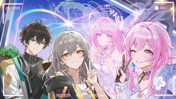 1boy 3girls amphoreus_(honkai:_star_rail) bare_shoulders black_hair black_jacket black_shirt closed_mouth collarbone commentary cyrene_(honkai:_star_rail) cyrene_(ripples_of_past_reverie)_(honkai:_star_rail) dan_heng_(honkai:_star_rail) dan_heng_(hunt)_(honkai:_star_rail) fractalmagnolia grey_hair hair_between_eyes hand_up heart heart_hands heart_hands_duo heart_hands_duo_chain highres honkai:_star_rail honkai_(series) jacket long_hair looking_at_viewer march_7th_(honkai:_star_rail) march_7th_(preservation)_(honkai:_star_rail) multiple_girls one_eye_closed parted_lips pink_eyes pink_hair shirt smile stelle_(honkai:_star_rail) symbol-only_commentary trailblazer_(honkai:_star_rail) v viewfinder white_jacket white_shirt yellow_eyes