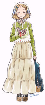 Rule 34 | 1girl, animal charm, artist name, backpack, bag, black nails, black shoes, blonde hair, blue bag, blush, bob cut, book, bookmark, brown eyes, brown skirt, buttons, camisole, charm (object), closed mouth, curly hair, fashion, forehead, full body, green shirt, hair ornament, hairclip, half-closed eyes, headscarf, highres, holding, holding bag, holding book, kawai chihiro, layered shirt, long skirt, long sleeves, looking down, loose hair strand, mori kei, mouse charm, multiple hair clips, open book, original, parallel hairclips, parted hair, platform shoes, raised eyebrows, reading, ribbed shirt, ribbon, shirt, shoes, short hair, simple background, skirt, smile, solo, straight-on, white background, white camisole, white headscarf, white ribbon