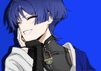 Rule 34 | 1boy, armor, black bodysuit, black bridal gauntlets, blue background, blue cape, blunt ends, bodysuit, bridal gauntlets, cape, closed eyes, commentary request, covered collarbone, drop shadow, eyeliner, eyeshadow, facing to the side, fingernails, furrowed brow, genshin impact, gold ring, hand on own chin, hand up, highres, japanese armor, japanese clothes, kimono, kote, kurokote, makeup, male focus, mandarin collar, middle ring, n ano, open mouth, portrait, purple hair, raised eyebrow, red eyeliner, red eyeshadow, scaramouche (genshin impact), short sleeves, shoulder peek, solo, wanderer (genshin impact), white kimono, white mouth, white sleeves, wispy bangs