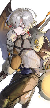 1boy black_shoes blue_eyes brown_jacket brown_pants closed_mouth commentary_request fur-trimmed_jacket fur_trim genshin_impact grey_hair hair_over_one_eye hayama_eishi illuga_(genshin_impact) jacket looking_at_viewer male_focus open_clothes open_jacket pants ribbed_sweater shoes simple_background solo sweater turtleneck turtleneck_sweater v-shaped_eyebrows white_background white_sweater