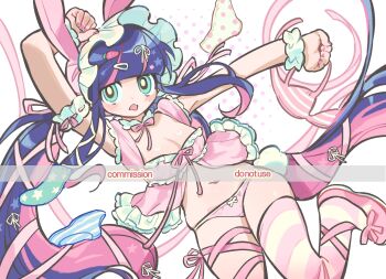 Rule 34 | 1girl, blue hair, bra, kerberos (kerbe ), panties, panty &amp; stocking with garterbelt, pink bra, pink panties, single thighhigh, solo, stocking (psg), thighhighs, underwear, wrist cuffs