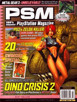 capcom cover dino_crisis_2 dinosaur lara_croft magazine_(object) magazine_cover psm red_hair regina_(dino_crisis) short_hair solo tomb_raider