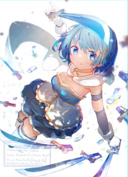 1girl blue_eyes blue_hair blue_skirt cape commentary detached_sleeves dual_wielding fortissimo gloves hair_ornament highres holding holding_sword holding_weapon looking_at_viewer magical_girl mahou_shoujo_madoka_magica mahou_shoujo_madoka_magica_(anime) miki_sayaka miki_sayaka_(magical_girl) miniskirt musical_note musical_note_hair_ornament mzk0526 short_hair skirt solo sword thighhighs weapon white_cape white_gloves white_thighhighs