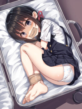 1girl ass barefoot black_hair blue_eyes blush bound bound_arms bound_legs clothes_lift commentary_request gag hair_ribbon improvised_gag in_container kidnapping knees_to_chest long_hair looking_at_viewer low_twintails on_floor original panties print_panties racer_(magnet) ribbon rolling_suitcase school_uniform skirt skirt_lift solo suitcase tape tape_gag tearing_up thighs twintails underwear white_panties