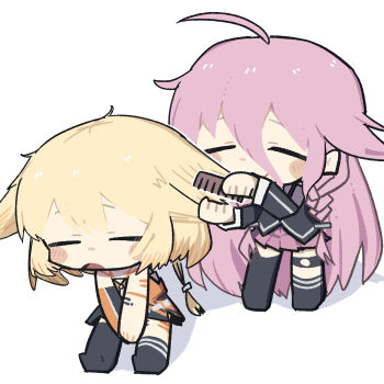 2girls ahoge asymmetrical_legwear black_shirt black_socks black_thighhighs blonde_hair blush_stickers brushing_another's_hair brushing_hair cevio chibi chibi_only closed_eyes closed_mouth commentary_request double-parted_bangs full_body hair_between_eyes highres ia_(vocaloid) kneehighs konohoshi long_hair long_hair_between_eyes long_sleeves miniskirt multiple_girls no_shoes one_(cevio) open_mouth orange_shirt orange_skirt pink_hair pink_skirt pleated_skirt shirt simple_background single_kneehigh single_sock single_thighhigh sitting skirt sleeveless sleeveless_shirt smile socks standing striped_clothes striped_socks thighhighs uneven_legwear very_long_hair vocaloid white_background