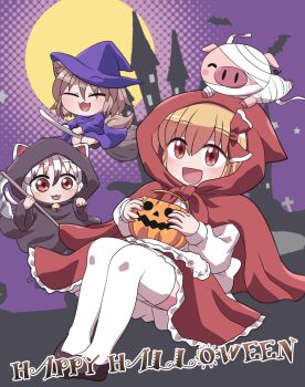 3girls :3 :d alternate_costume animal_ear_fluff animal_ears bell black_shoes blonde_hair blush capelet cat_ears cat_girl cat_tail chibi closed_eyes closed_mouth commentary_request cosplay death_(entity) dress fox_ears fox_girl fox_tail frilled_skirt frills full_body full_moon goutokuji_mike grim_reaper grim_reaper_(cosplay) hair_between_eyes hair_ribbon halloween halloween_bucket hat highres hood hood_up hooded_capelet kudamaki_tsukasa long_sleeves looking_at_viewer moon multiple_girls neck_bell open_mouth pig purple_dress purple_hat red_capelet red_eyes red_ribbon red_skirt ribbon rokugou_daisuke rumia shirt shoes short_hair signature skirt smile tail thighhighs tongue tongue_out touhou white_shirt white_thighhighs witch_hat