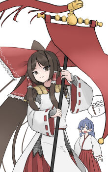 2girls absurdly_long_hair adapted_costume allcy49 armor banner battle_standard blue_hair bow chainmail chihaya_(clothing) flag foul_detective_satori frilled_bow frilled_hair_tubes frills gensokyo's_first_hakurei_miko gohei hair_tubes hakama hakama_skirt highres holding holding_banner huge_bow japanese_clothes kimono kosode large_bow layered_armor long_hair long_sleeves low-tied_long_hair miko miyadeguchi_mizuchi miyadeguchi_mizuchi_(human) multiple_girls ponytail red_hakama ribbon-trimmed_sleeves ribbon_trim shide skirt speech_bubble standard_bearer thought_bubble touhou very_long_hair war_banner war_flag white_kimono wide_sleeves