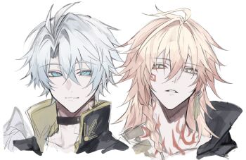 2boys antenna_hair black_choker black_coat black_shirt blonde_hair blue_eyes braid choker coat earrings facial_tattoo gold_earrings gold_necklace gradient_hair highres honkai:_star_rail honkai_(series) iota_1600 jewelry male_focus medium_hair multicolored_hair multiple_boys mydei_(honkai:_star_rail) neck_tattoo necklace open_clothes open_coat parted_bangs phainon_(honkai:_star_rail) red_hair red_tattoo shirt short_hair side_braid simple_background sun_symbol sun_tattoo tan tattoo white_background white_hair yellow_eyes