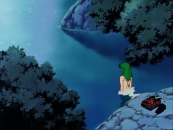 aiming animated anime_screenshot breasts completely_nude covering_breasts covering_privates folded_clothes g_gundam green_hair gun gundam nastasha_zabigov nude outdoors partially_submerged red_lips silhouette sound tagme tree unworn_clothes unworn_glasses video water weapon