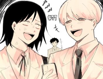 +++ 1girl 2boys :d :| anger_vein angry blazer blush closed_mouth collared_shirt commentary_request furrowed_brow futsuu_no_keion-bu half-closed_eyes hatono_chihiro highres jacket konoyarou lapels laughing mizuo_haruichi monochrome multiple_boys neck_ribbon necktie notched_lapels open_mouth orange_theme raised_inner_eyebrows ribbon rivalry scene_reference school_uniform shirt short_hair small_pupils smile squiggle takami_kouki teeth upper_body upper_teeth_only