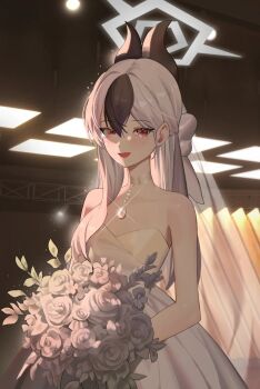 1girl alternate_costume bare_shoulders black_hair black_horns blue_archive blush bouquet breasts commentary_request demon_horns dress dunnie1130 flower glint grey_halo hair_between_eyes halo highres holding holding_bouquet horns jewelry kayoko_(blue_archive) korean_commentary long_hair looking_at_viewer multicolored_hair open_mouth pendant red_eyes rose small_breasts solo strapless strapless_dress tearing_up two-tone_hair wedding_dress white_dress white_flower white_hair white_rose