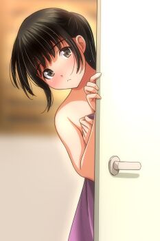 1girl after_bathing black_hair blush brown_eyes door high_ponytail long_hair looking_at_viewer matsunaga_kouyou naked_towel open_mouth original ponytail sidelocks standing towel