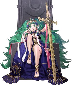 1girl anklet barefoot braid child feet fire_emblem fire_emblem:_three_houses full_body gem green_eyes green_hair hair_ornament hair_ribbon hand_on_hilt hand_on_own_cheek hand_on_own_face huge_weapon jewelry kurahana_chinatsu legs_folded long_hair looking_at_viewer nintendo official_art on_throne pointy_ears ribbon ribbon_in_braid second-party_source side_braid simple_background sitting smile solo sothis_(fire_emblem) sword sword_of_the_creator throne tiara transparent_background twin_braids twintails very_long_hair weapon