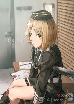 1girl chart chinese_commentary commentary_request door female_focus girls'_frontline hat highres lock military military_hat military_uniform mp40_(girls'_frontline) paper patreon_logo pen pout solo triangle_bullet wehrmacht window