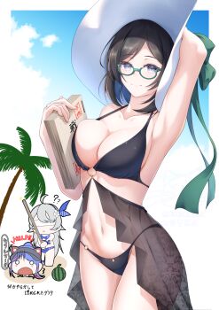 3girls alternate_costume bikini black_bikini black_hair blue-framed_eyewear blue_sky breasts cloud commission food fruit glasses hachiware_(8ware63) hat highres kantai_collection kirishima_(kancolle) large_breasts multiple_girls palm_tree paper_stack semi-rimless_eyewear short_hair sky south_dakota_(kancolle) south_dakota_(swimsuit)_(kancolle) suikawari sun_hat swimsuit tree under-rim_eyewear washington_(kancolle) washington_(swimsuit)_(kancolle) watermelon