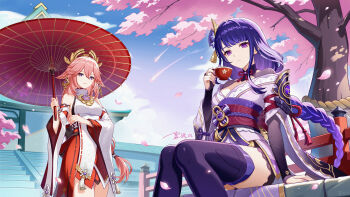 2girls absurdres animal_ears bare_shoulders bridal_gauntlets commentary_request detached_sleeves fox_ears fox_girl genshin_impact hair_ornament highres lantian_ol long_hair looking_at_viewer mole mole_under_eye multiple_girls pink_hair purple_eyes purple_hair raiden_shogun smile thighhighs thighs yae_miko