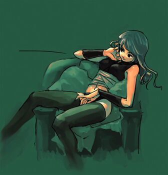 Rule 34 | 1girl, armchair, assassin (ragnarok online), bandages, black shirt, chair, closed mouth, commentary request, dated commentary, feet out of frame, green hair, green theme, grey thighhighs, hand on own cheek, hand on own face, long hair, looking afar, lowres, midriff, navel, oomojiya, ragnarok online, shirt, sitting, sitting sideways, sleeveless, sleeveless shirt, smile, solo, thighhighs