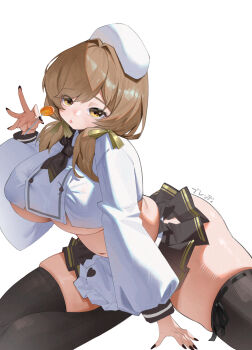 1girl :p absurdres akiak1 apron artist_name belly black_nails black_skirt black_thighhighs blush bready_(nikke) breasts brown_eyes brown_hair brown_neckerchief candy chef_hat crop_top food goddess_of_victory:_nikke hair_ribbon hat heart highres holding holding_candy holding_food holding_lollipop huge_breasts large_breasts lollipop looking_at_viewer low_twintails medium_hair nail_polish navel neckerchief plump popped_button ribbon simple_background skindentation skirt solo thick_thighs thighhighs thighs tongue tongue_out twintails underboob waist_apron white_apron white_background zipper_skirt