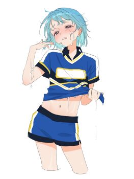 1boy b_zebuk blue_shirt blue_shorts blush clothes_lift commentary contrapposto cropped_legs ensemble_stars! grey_eyes hand_up highres hot korean_commentary looking_up male_focus midriff_peek multicolored_shirt navel parted_lips shino_hajime shirt shirt_lift short_sleeves shorts simple_background sketch solo sweat teeth trap twirling_hair unkempt upper_teeth_only wet white_background wringing_clothes