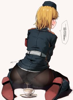1girl akitaka_takaaki ass blonde_hair blush cup girls&#039;_frontline highres looking_at_viewer looking_back medium_hair military_uniform mp40_(girls&#039;_frontline) open_mouth panties panties_under_pantyhose pantyhose pee peeing peeing_in_cup red_eyes steam teacup translated underwear