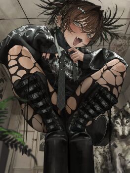 1girl absurdres animal black_boots black_hoodie black_nails black_necktie blue_eyes blush boots brown_hair ceiling ear_piercing fangs gaku hair_ornament highres hood hoodie indoors looking_at_viewer necktie open_mouth original pantyhose piercing platform_boots print_hoodie sleeves_past_wrists solo squatting star_(symbol) star_hair_ornament torn_clothes torn_pantyhose twintails wolf