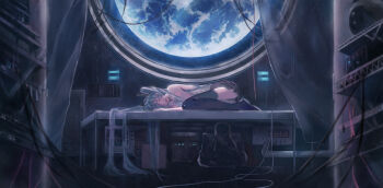 1girl absurdly_long_hair aqua_eyes aqua_hair bag bare_shoulders black_skirt black_thighhighs blouse blue_hair cable earth_(planet) closed_eyes genn_00o hatsune_miku highres industrial_pipe long_hair lying machine miniskirt on_side open_mouth planet scenery shelf shirt shoulder_tattoo skirt sleeveless sleeveless_shirt smile solo table tattoo thighhighs twintails very_long_hair vocaloid white_shirt wide_shot window