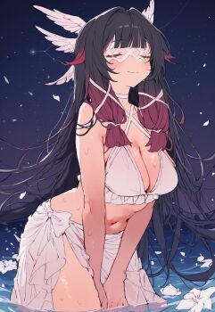 1girl alternate_costume bikini black_hair blunt_bangs blush breasts chokopaii cleavage closed_mouth collarbone columbina_(genshin_impact) feathered_wings flower genshin_impact head_wings highres long_hair medium_breasts multicolored_hair multiple_wings navel pink_hair sarong sidelocks smile solo stomach swimsuit very_long_hair wet white_bikini white_flower white_mask wings