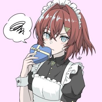 1girl alternate_costume ange_katrina apron black_shirt blue_eyes blush box breasts bright_pupils closed_mouth collared_shirt commentary_request crossed_bangs enmaided frilled_apron frills hair_between_eyes hair_ornament hand_up heart-shaped_box highres holding kirisame_oo looking_at_viewer maid maid_apron maid_headdress medium_hair nijisanji purple_background red_hair shirt short_sleeves simple_background small_breasts solo speech_bubble spoken_squiggle squiggle sweatdrop triangle_hair_ornament upper_body virtual_youtuber white_apron white_headdress white_pupils white_wrist_cuffs wrist_cuffs