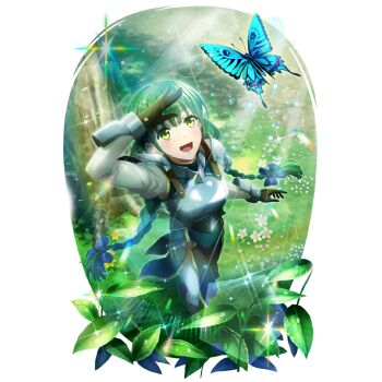 1girl :d ankle_boots armor artist_request black_ribbon blush boots braid braided_ponytail breastplate breasts brown_boots brown_gloves bug butterfly day eyelashes floating_hair flower flower_request full_body game_cg gloves green_eyes green_hair green_tunic hair_ribbon high_heel_boots high_heels insect long_hair long_sleeves looking_at_animal low_twin_braids multiple_braids official_art open_mouth outdoors pants pauldrons raised_eyebrows ribbon rishia_ivyred salute shirt shoulder_armor side_slit simple_background sleeveless_tunic small_breasts smile solo sparkle standing tate_no_yuusha_no_nariagari tate_no_yuusha_no_nariagari_rerise tongue transparent_background tree tunic turtleneck_tunic twin_braids white_flower white_pants white_shirt yellow_flower