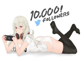 1girl ass bad_anatomy blush feet female_corrin_(fire_emblem) female_focus fire_emblem fire_emblem_fates game_controller hair_between_eyes hair_ornament hairband headphones highres j@ck joy-con legs legs_up long_hair lying milestone_celebration nintendo nintendo_switch no_shoes on_stomach panties pointy_ears red_eyes simple_background smile solo super_smash_bros. thighhighs underwear white_hair white_panties