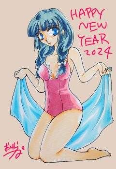 Rule 34 | 1girl, 2024, bikini, blue eyes, blue hair, breasts, cleavage, grin, happy new year, highres, kayura, kneeling, looking at viewer, new year, yoroiden samurai troopers, smile, swimsuit