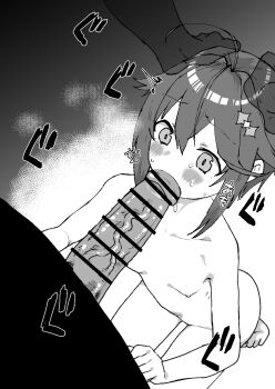 1boy 1girl blush breasts completely_nude dark-skinned_male dark_skin gradient_background hand_on_another's_head huge_penis imminent_fellatio interracial japanese_text looking_at_viewer monochrome nijisanji nude penis short_hair small_breasts sorahoshi_kirame surprised sweat veins veiny_penis virtual_youtuber