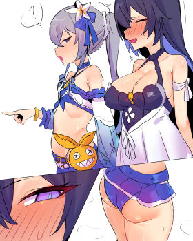 2girls ? absurdres arm_ribbon ass bikini black_dress black_hair blue_bow blue_choker blue_hair blue_pupils blush bow bracelet breasts bronya_zaychik choker closed_eyes detached_sleeves dress dress_bow flat_chest flower from_side grey_eyes grey_hair hair_bow hair_flower hair_ornament half-closed_eyes highres homu_(honkai_impact) honkai_(series) honkai_impact_3rd imkay_3 jewelry loli long_hair looking_at_another medium_breasts multicolored_hair multiple_girls multiple_views naughty_face navel nose_blush open_mouth pointing ponytail purple_eyes red_pupils ribbon seele_vollerei shiny_skin sideways_glance simple_background smile speech_bubble spoken_question_mark standing stomach sweat swimsuit two-tone_hair white_background white_dress white_flower white_ribbon