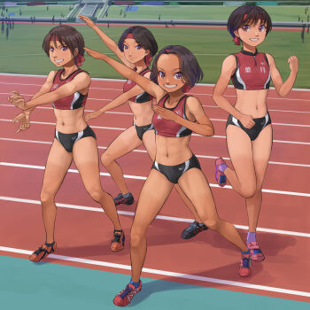 4girls abs arm_up breasts brown_eyes buruma day grin headband highres kamen_rider multiple_girls navel original otsu_natsu outdoors red_headband shoes short_hair small_breasts smile sneakers sports_bikini sportswear standing standing_on_one_leg toned track_and_field